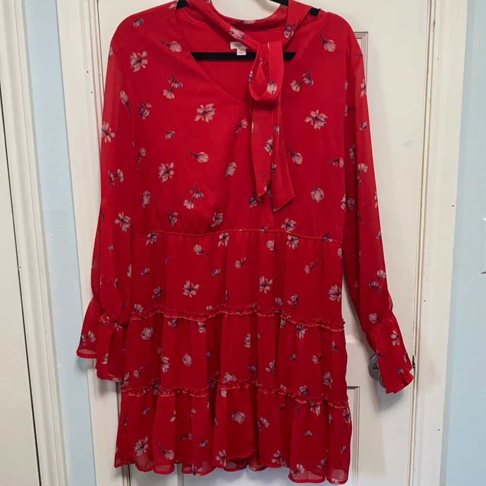 Red floral aline dress with flounced sleeves and bottom